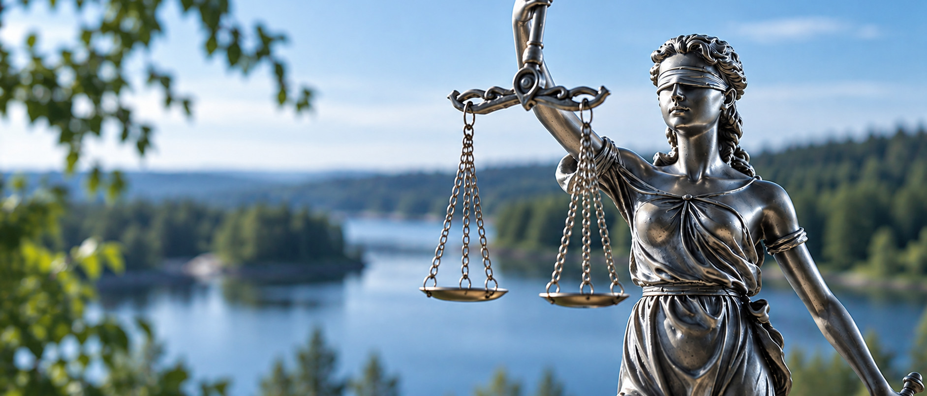 En staty av rättvisans gudinna som håller en rättviseskala.